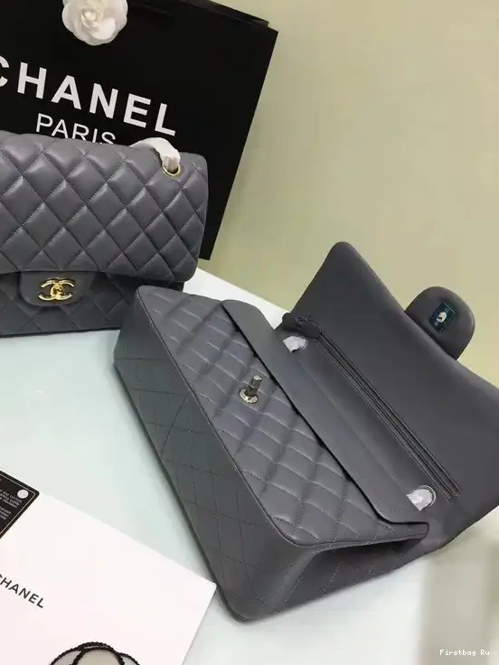 Firstbag Ru Bag Gold Leather Size 30cm Grey Silver With Lambskin 1112 Hardware Large CHANEL Flap 0511